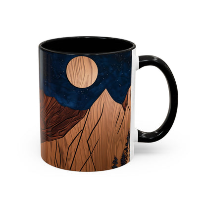 Rustic Wooden Mountain Coffee Mug with Carved Tree Design - Wood Panel Effect, Tea Mug Carved Wood Trees Wooden Mountain Tea Cup Pine Tree
