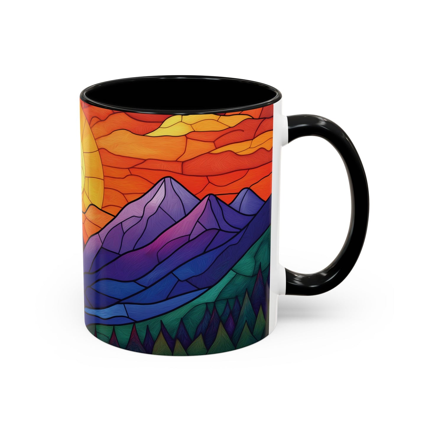Stained Glass Mountain Range Coffee Mug - Vibrant Watercolor Mountain Sunset, 11oz & 15oz Ceramic Mug, Perfect gifts ideas,