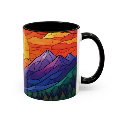 Stained Glass Mountain Range Coffee Mug - Vibrant Watercolor Mountain Sunset, 11oz & 15oz Ceramic Mug, Perfect gifts ideas,