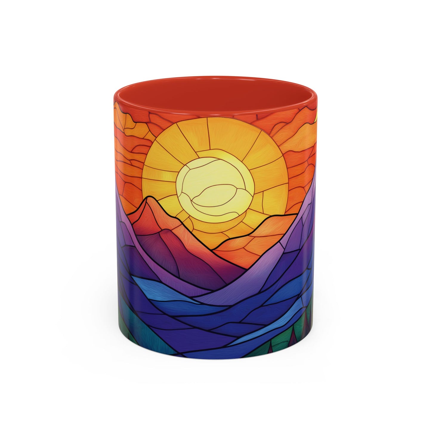 Stained Glass Mountain Range Coffee Mug - Vibrant Watercolor Mountain Sunset, 11oz & 15oz Ceramic Mug, Perfect gifts ideas,