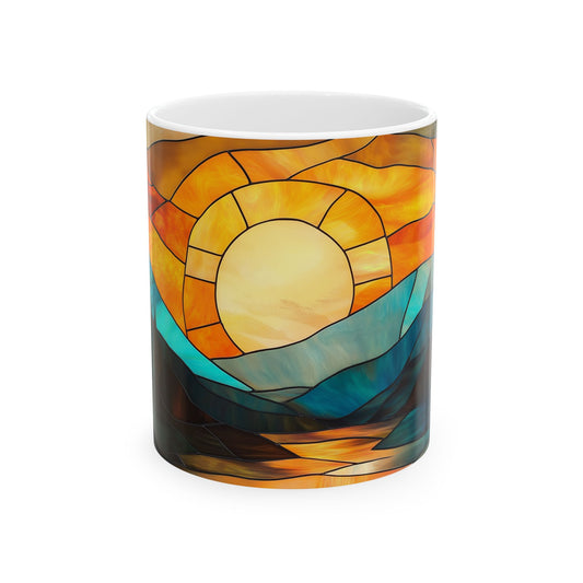 Stained Glass Sunrise Ceramic Mug, Colorful Mountain Landscape Coffee Cup, Inspirational Gift, Nature Lover's Mug, Home Decor, Unique