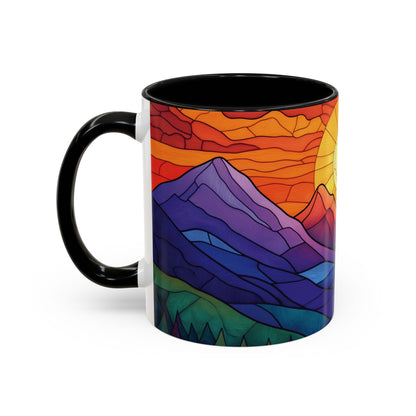 Stained Glass Mountain Range Coffee Mug - Vibrant Watercolor Mountain Sunset, 11oz & 15oz Ceramic Mug, Perfect gifts ideas,