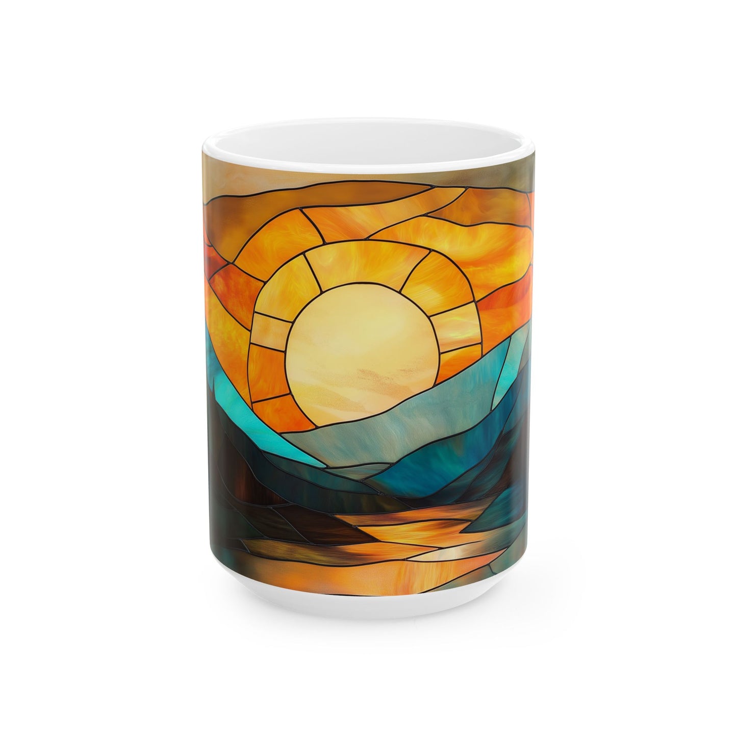Stained Glass Sunrise Ceramic Mug, Colorful Mountain Landscape Coffee Cup, Inspirational Gift, Nature Lover's Mug, Home Decor, Unique