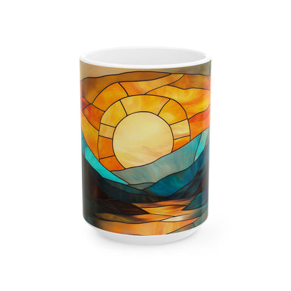 Stained Glass Sunrise Ceramic Mug, Colorful Mountain Landscape Coffee Cup, Inspirational Gift, Nature Lover's Mug, Home Decor, Unique