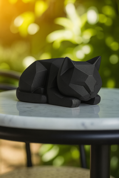3D printed white low poly cat sculpture resting on a wooden table in a cozy modern interior.