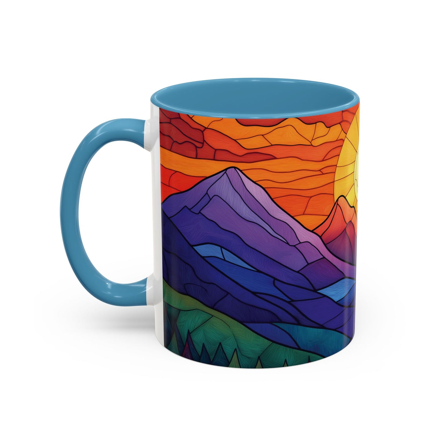 Stained Glass Mountain Range Coffee Mug - Vibrant Watercolor Mountain Sunset, 11oz & 15oz Ceramic Mug, Perfect gifts ideas,