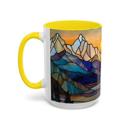 Stained Glass Mountain Coffee Mug - Vibrant Watercolor Mountain Sunset, 11oz & 15oz Ceramic Mug, Perfect gifts ideas, Outdoor Adventure