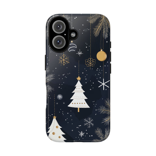 Modern Holiday Phone Case – Minimalist Christmas Trees and Gold Ornaments Design