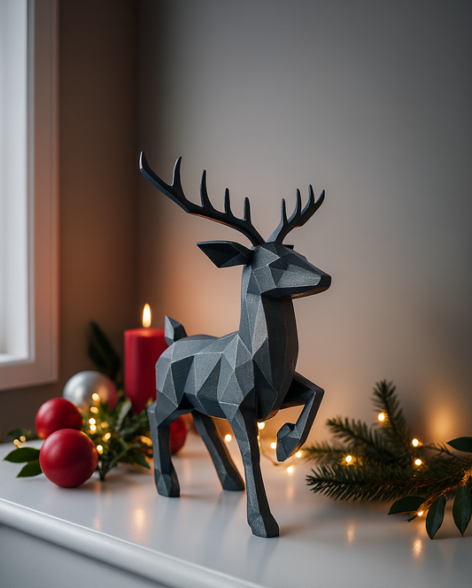 Low Poly Reindeer Sculpture – 3D Printed Modern Christmas Decor