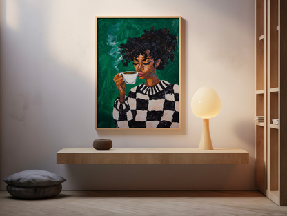 Black Woman Coffee Wall Art Print – Bold Afrocentric Painting for Kitchen or Living Room Décor