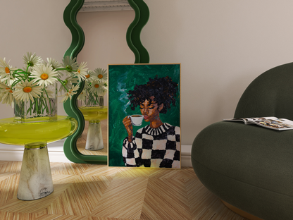 Black Woman Coffee Wall Art Print – Bold Afrocentric Painting for Kitchen or Living Room Décor