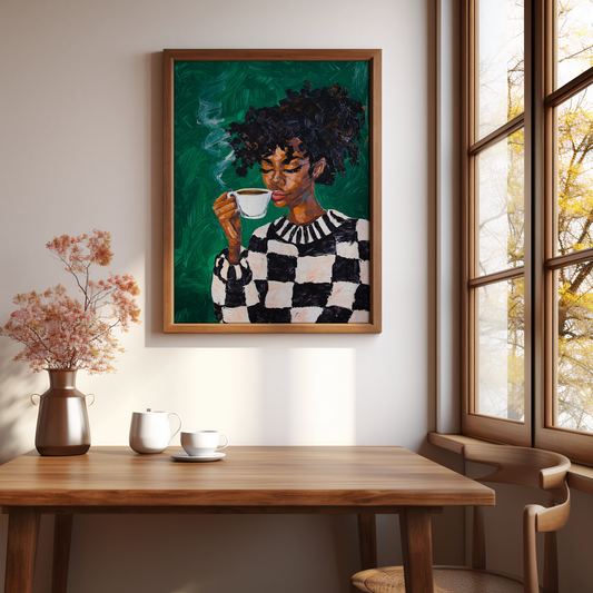 Black Woman Coffee Wall Art Print – Bold Afrocentric Painting for Kitchen or Living Room Décor