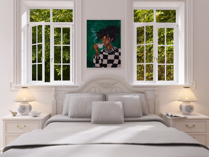 Black Woman Coffee Wall Art Print – Bold Afrocentric Painting for Kitchen or Living Room Décor