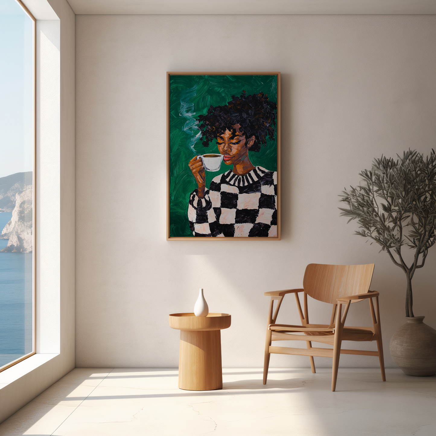 Black Woman Coffee Wall Art Print – Bold Afrocentric Painting for Kitchen or Living Room Décor