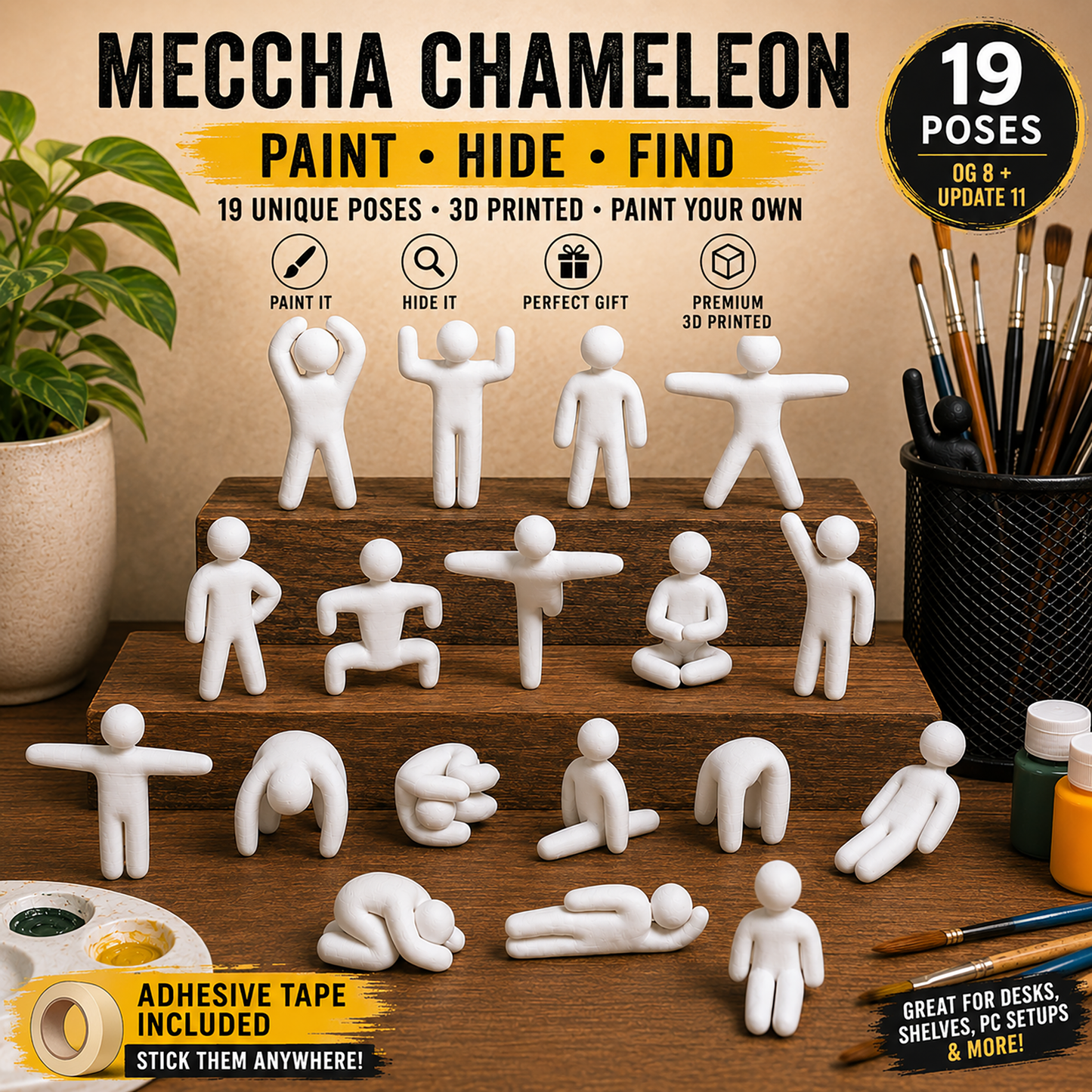 Meccha Chameleon Inspired 3D Printed Mini Figures | Paint Your Own Gamer Desk Toy | 19 Pose Hide & Seek Collectible Set