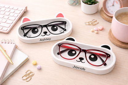 Personalized Cat & Panda Glasses Holder Tray — Custom Name Eyewear Organizer