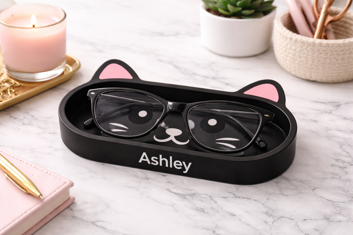 Personalized Cat & Panda Glasses Holder Tray — Custom Name Eyewear Organizer