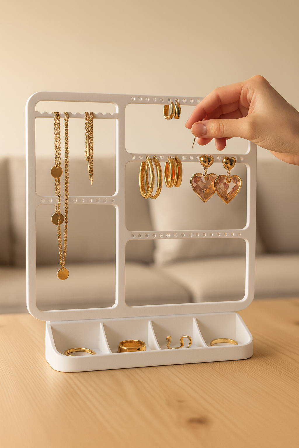 Modern Jewelry Organizer Stand — Minimal Earring & Necklace Holder with Tray